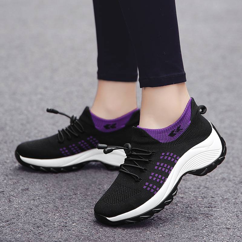 Spring new cross-border large size sports shoes socks shoes mother shoes fly woven breathable mesh women's shoes thick bottom rocking shoes