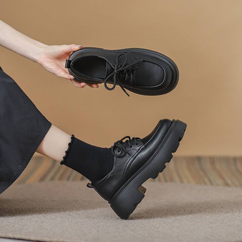 Genuine Leather Loafers for Women 2026 New Style Thick Heel British Style Lace-Up Thick-Soled Black Single Shoes Black Small Leather Shoes for Women