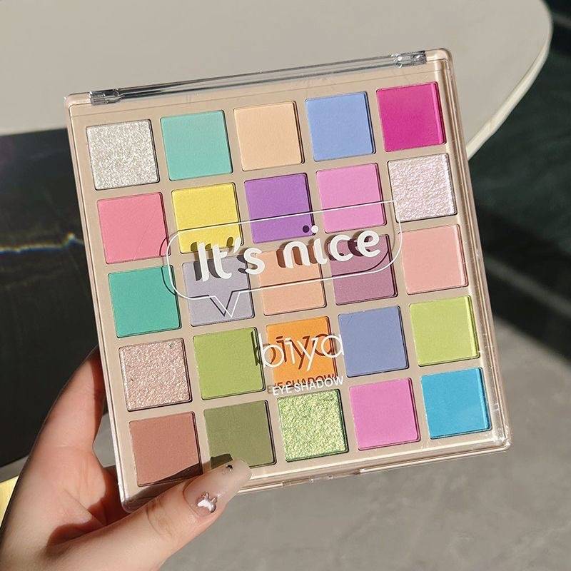 Biya Macaron 25-Colorful Eyeshadow Palette for Women Dopamine Pearlescent Glitter Orange Brown Colorful Stage Makeup Eyeshadow