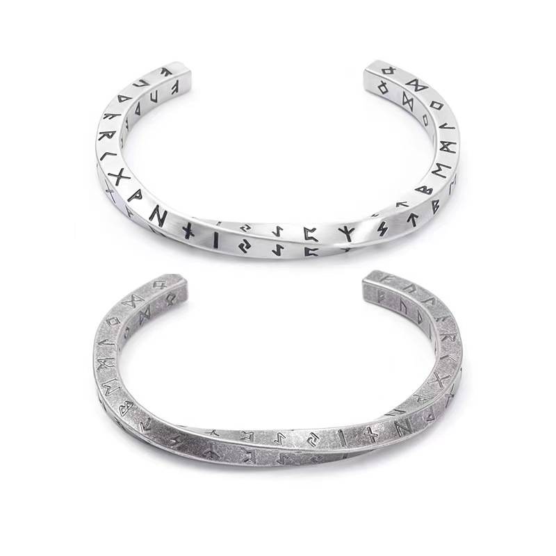 E-Commerce Supply Personalized Retro Titanium Steel Twisted Engraved Four-Sided Viking Text Bracelet Open Bangle Wholesale in Stock