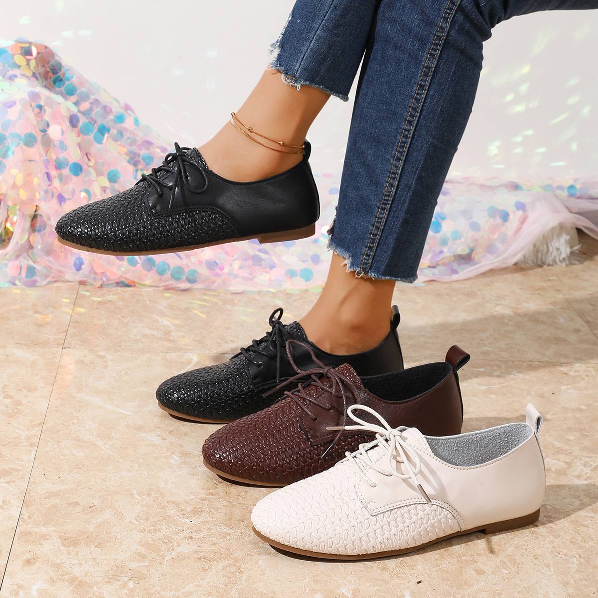 2026 Cross-Border Foreign Trade Versatile Woven Pattern Lace-Up Women's Shoes for Spring and Autumn with Soft Sole, Round Toe, Flat Casual Women's Shoes