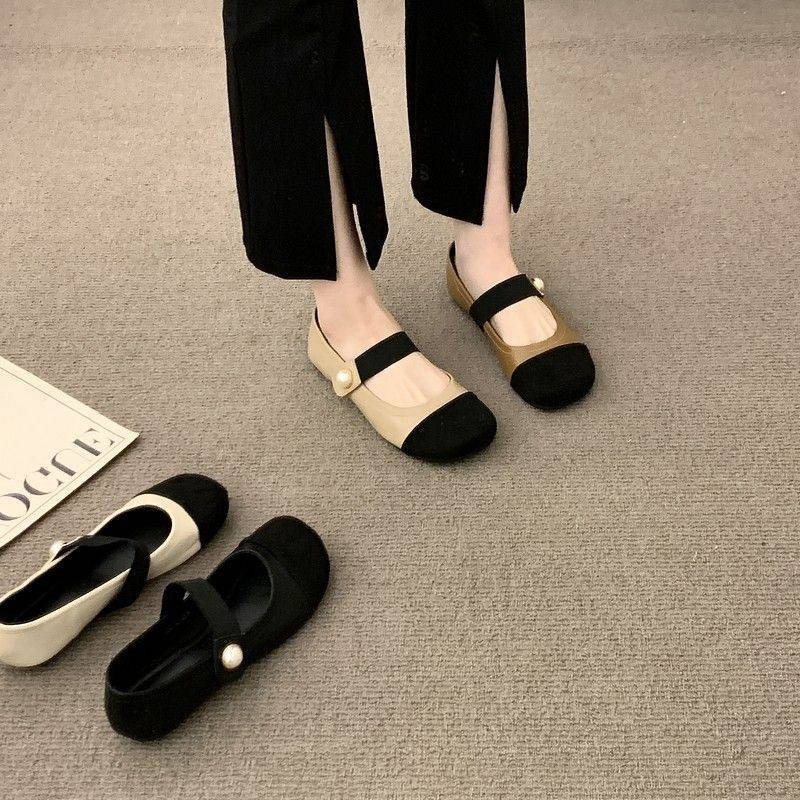 Tweed Style Square Toe Shoes Evening Flat Pearl Elastic Band Color Matching Mary Jane Fashion Women's Shoes Spring & Fall High-End