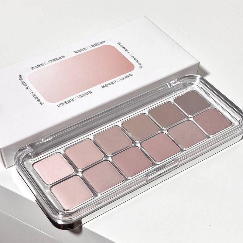 Mugeleen New 12-Color Eyeshadow Palette in Gray and Pink, All Matte, Low Saturation, Multi-Functional Eyeshadow Palette for Early Morning Use