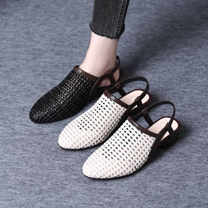 Foreign Trade Cross-Border Perforated Woven Sandals, Fashionable and Casual Summer Hollow Breathable Shoes with Chunky Heels and Pointed Toes for Women