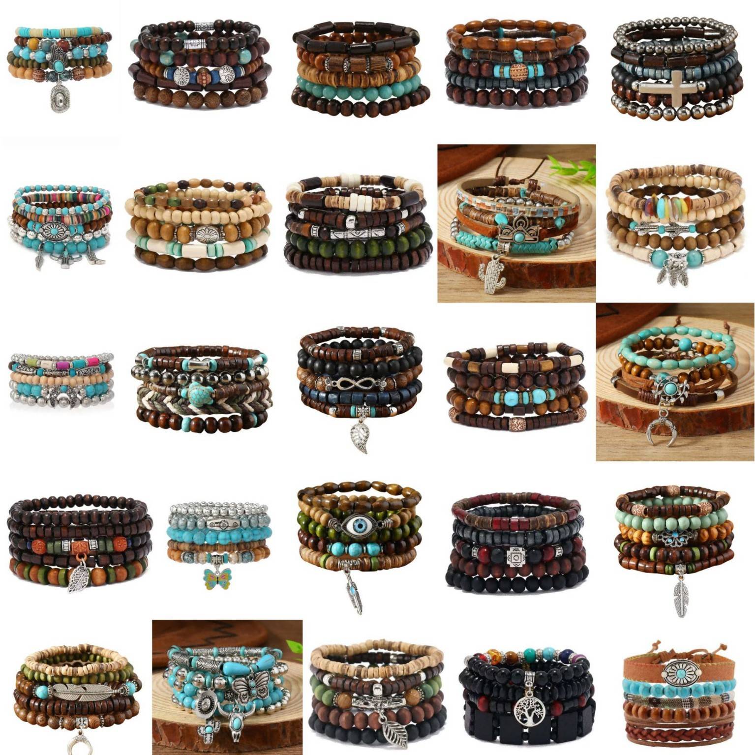 Cross-border wholesale European and American peace tree multi-piece set wooden bead bracelets, vintage simple men's personalized stackable bracelets