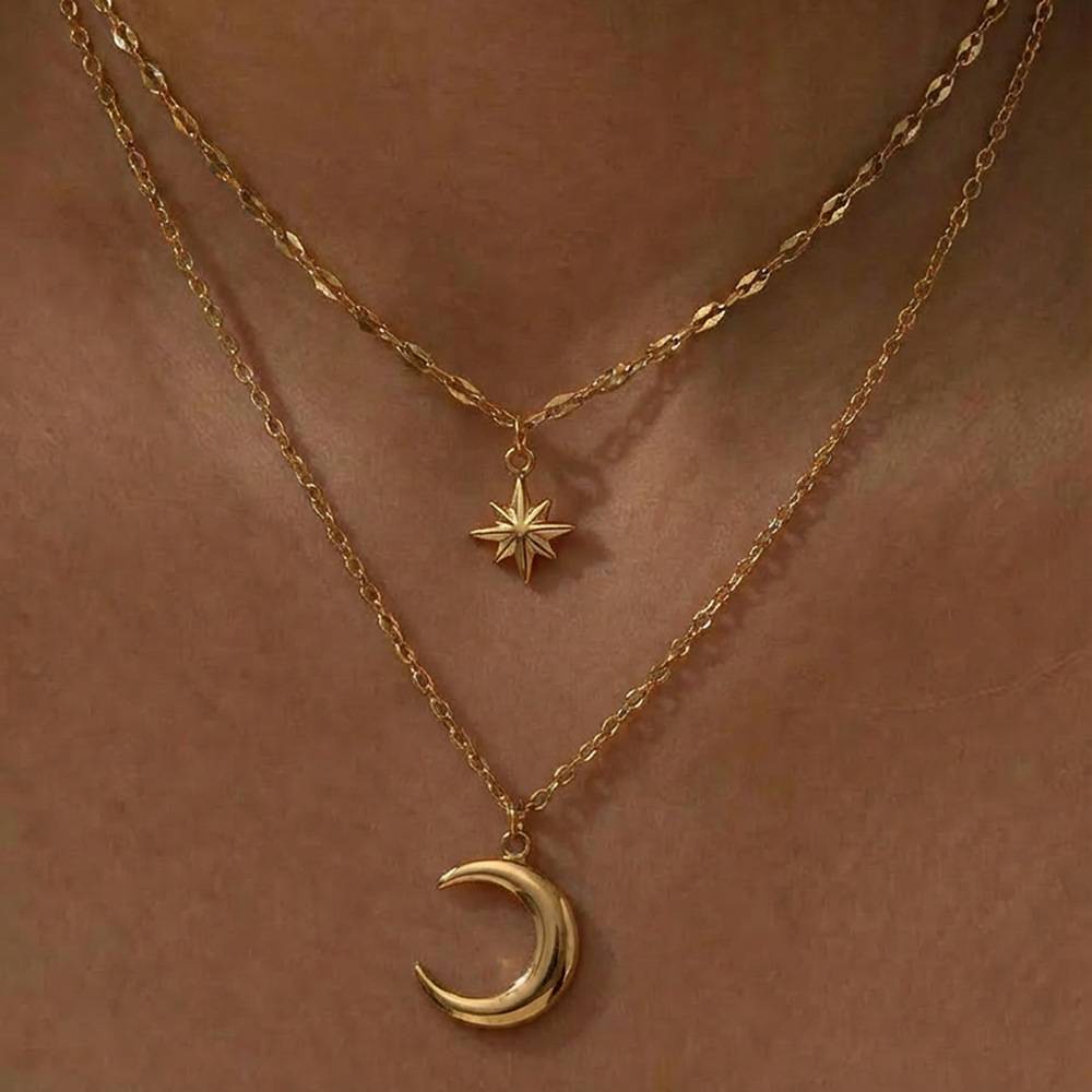 Stainless Steel Eight-Pointed Star Moon Pendant Double-Layer Necklace for Women, Light Luxury Niche Design, Stackable Clavicle Chain Jewelry