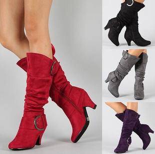 Foreign Trade Supply Nubuck Spring & Fall Women's Boots Belt Buckle High Knight Boots Thick Heel Shoes Wish Amazon Aliexpress