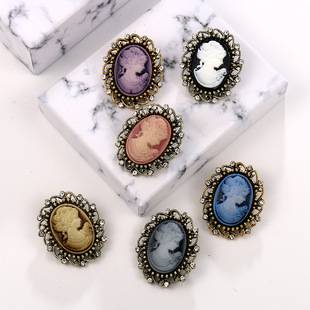 European and American Foreign Trade Cameo Brooch Beauty Head Corsage Alloy Rhinestone Clothing Pin Accessories Women's Chest Ornament Collar Accessory