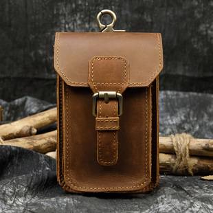 European and American Men's Genuine Leather Waist Bag Crazy Horse Leather Men's Wear Belt Hanging Bag Genuine Leather Mobile Phone Bag 2087