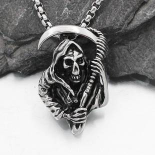 2026 Japanese and Korean Skull Grim Reaper Sickle Pendant Necklace, Bold and Unique Titanium Steel Punk Trendy Men's Pendant with Stainless Steel Chain