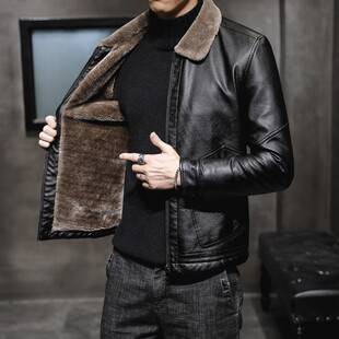 Cross-border Winter Leather Jacket Men's 2021 New Middle-aged and Elderly Lapel Fleece-lined Fur One-piece Plus Size Men's Leather Jacket