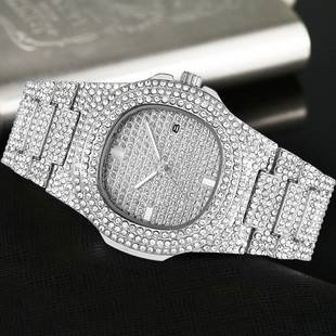 hiphop Super Cool Hip Hop Diamond Watch Rap Men's Quartz Strap Calendar Gypsophila Steel Strap Full Diamond Watch Wholesale