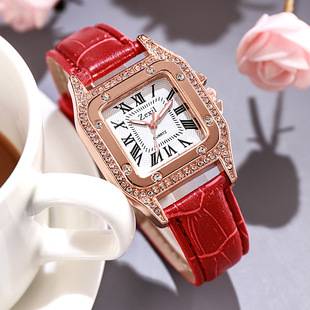 New Style Diamond-Encrusted Square Women's Watch with Roman Numeral Dial, Rose Gold, Light Luxury Leather Strap, Quartz Women's Watch Wholesale