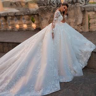 Cross-Border Wedding Dress V-Neck European and American Foreign Trade 2026 New Style Large Train Wedding Dress Retro Sexy Tulle Long-Sleeve Wedding Dress