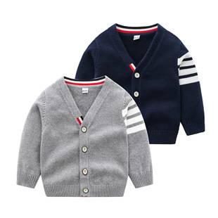 Outing Clothes for Baby Boys, Gray Sapphire Blue Pure Cotton Preppy Style Knitted Long-Sleeved Sweater Jacket Cardigan European and American Style