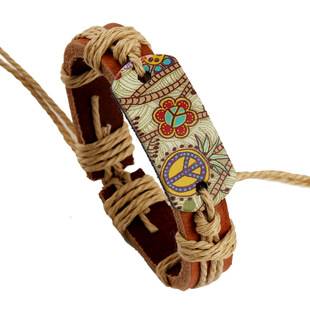 European and American fashion jewelry hemp rope woven cowhide bracelet retro style hot stamping peace logo leather bracelet a generation of hair
