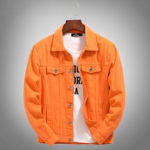 Trendy Spring and Autum Denim Jacket Men's Loose Large Size Korean Style Orange Orange Orange Casual Handsome Top Jacket
