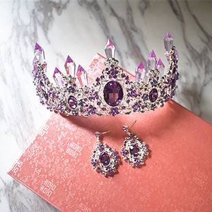 Bride's Korean-Style Purple Crystal Column Large Crown Headpiece Set Wedding Queen Hair Accessory Baroque Crown Luxury