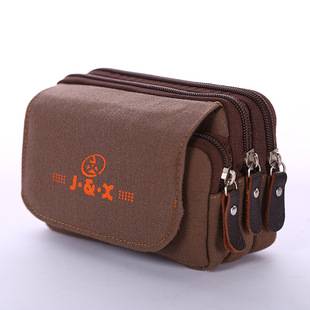 Canvas Three-Layer Thickened Horizontal Waist Bag for Men 5.5inch -6.5 Mobile Phone Bag for Middle-Aged and Elderly People with Multiple Pockets