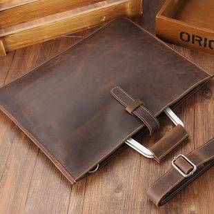 Crazy horse leather men's handbag horizontal men's briefcase British retro first layer cowhide file bag a generation of hair
