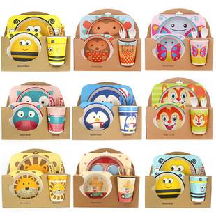 Cute Cartoon Bamboo Fiber Children's Tableware Set Five-piece Set Kindergarten Baby Bowl Children's Dinner Plate Gift Tableware