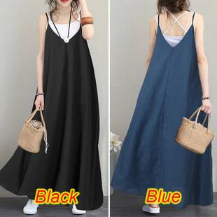 2020 Casual Loose Solid Color Dress V-Neck Backless Sexy Long Dress Sleeveless Women's Party Dress