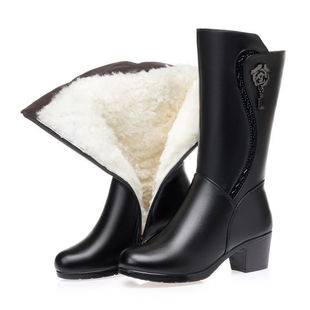 Winter Boots Women's Medium Boots with Velvet Warm High Heel Thick Heel Middle Heel Leather Boots High Boots Women's Boots Moms Cotton Shoes