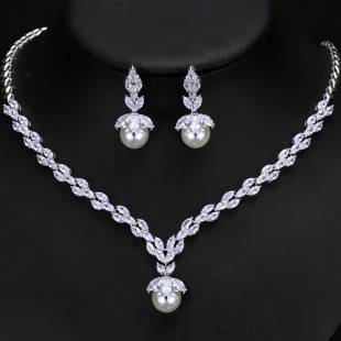 New Bride Jewelry Earrings Necklace Two-Piece Chain Zircon Shell Pearl Wedding Dress Accessories