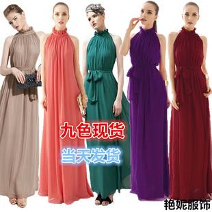 Aliexpress Hot Style Bohemian Halterneck Floor-Length Stand-Up Collar Chiffon Dress Beach Dress Extra Long Off-Shoulder Dress