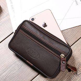 New Men's Horizontal Version Double-Layer Mobile Phone Waist Bag 5.5-6.5inch Litchi Pattern Belt Mobile Phone Bag