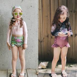 Korean Children's Swimwear Long-sleeved Sunscreen Split High Waist Pants Belly-covering Small and Medium-sized Girls' Swimwear Cute Baby Swimwear