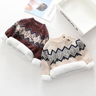 Boys and Girls Fleece-lined Thickened Sweater Retro Knitted Baby's Infant Children's Base Pullover Pure Cotton Sweater