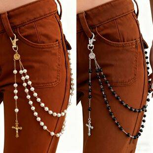 European and American Cross-Border Jewelry New Imitation Pearl Chain Double-Layer Waist Chain Personalized Chain Tassel Cross Versatile Trouser Chain
