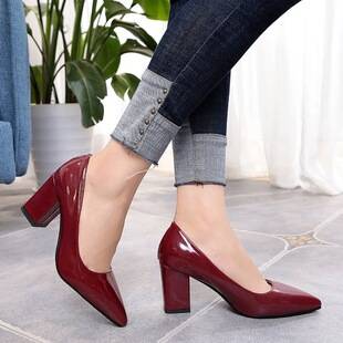 High-Heeled Women's Shoes, Shallow Mouth, Autumn Style, New Thick Heel, Pu Material, Solid Color, Work Shoes for Women, Smooth Leather, Low-Cut, Pointed Toe, Red
