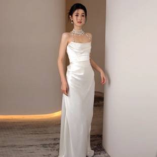 French Satin Light Wedding Dress Bride Simple White Strapless Mori Style Welcome Gauze Banquet Fishtail Dress
