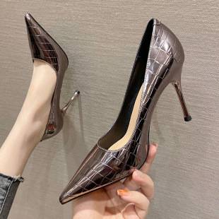 966-3 Korean Style Checkered Patent Leather High Heels French Pointed Toe High Heels Flats Feminine Banquet Shoes Super High Heels