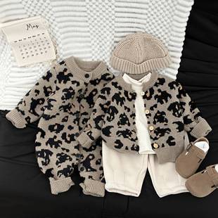 Baby Autumn and Winter Sweaters for Men and Women, Stylish Leopard Print Knitted Cardigans, Korean Style Handsome Children's Versatile Outing Clothes