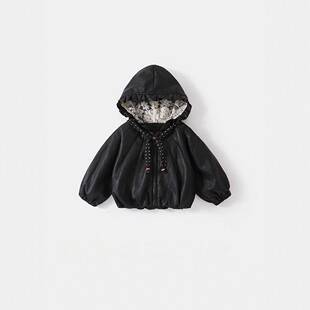 2026 Spring New Collection: Stylish Black Leather Jacket for Girls with Hood, Lace Trim, Bow Tie, and Zipper Closure