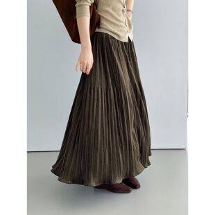 Then, Korean-style pleated, flowing suede midi skirt for women, A-line, with pleats and a flared hem, J9813