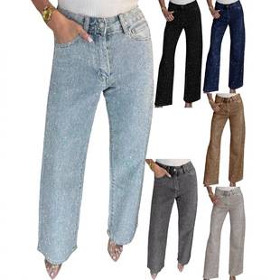 Foreign Trade European and American Amazon Women's Fashion Full Rhinestone Washed Denim Jeans, High-Waisted Straight-Leg Pants with a High-End Feel for Women, Trendy Long Pants