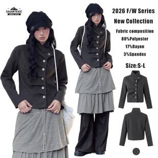 DAWAN26FW Light Asian Style Gray Deconstructed Pleated Shoulder Slim Fit Asymmetrical Stand Collar Women's Long Sleeve Jacket