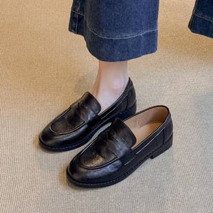 Cowhide Version ~ Black Flat-Heeled Genuine Leather Loafers for Women, Spring & Fall New French Round-Toe Retro Shoes, Small Leather Shoes
