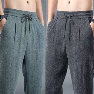 Men's Linen Casual Pants 2024 New Summer Ice Silk Thin Trousers Loose Straight Men's Air-Conditioned Pants