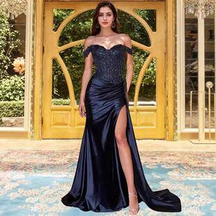 Navy Blue One Shoulder Satin Prom Dress Strapless Off Shoulder Slit Evening Dress Pleated Robe Gala Dress