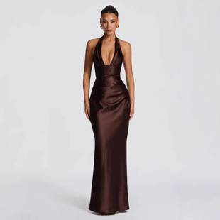 Cross-border Amazon European and American summer elegant dress with deep V-neck, ruched neckline, halter neck, satin fishtail evening gown