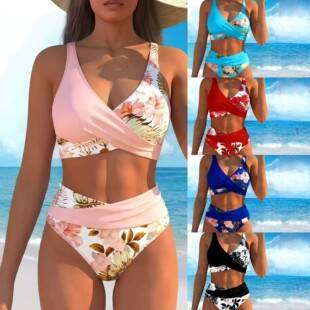 2026 New European and American Cross-Border Tropical Floral Plant Print Sexy Bikini Set Vacation Casual Swimwear for Women