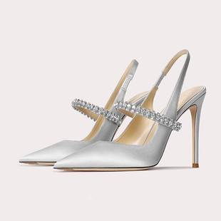 Size 32-45 One-Strap Closed-Toe Sandals for Women with Rhinestones, 2026 New Style, Thin Heel, Pointed Toe, Genuine Leather High Heels, Women's Single Shoes