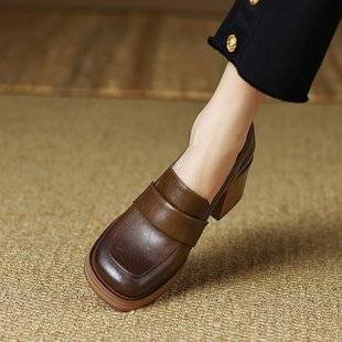 2025 Spring New British Style Retro Square Toe Thick Heel Women's Shoes Deep Mouth Small Leather Shoes High Heels Commuting Loafers