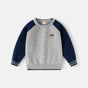 European and American style autumn new children's clothing, boys' bear embroidered single-layer cotton sweater, baby raglan sleeve base knit shirt