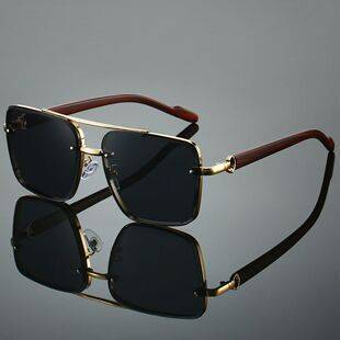 New Style Metal Double-Bridge Square Frame Sunglasses with Wood Grain Legs, Trendy European and American Style Sunglasses for Men, Driving Sunglasses